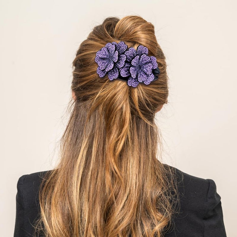 Dizila 4 Pieces Fancy Sparkly Rhinestone Double Flower Hair Clips Barrettes with Three Prongs Prom Party Wedding Hair Accessories for Women Girls Thick Hair - Image 3